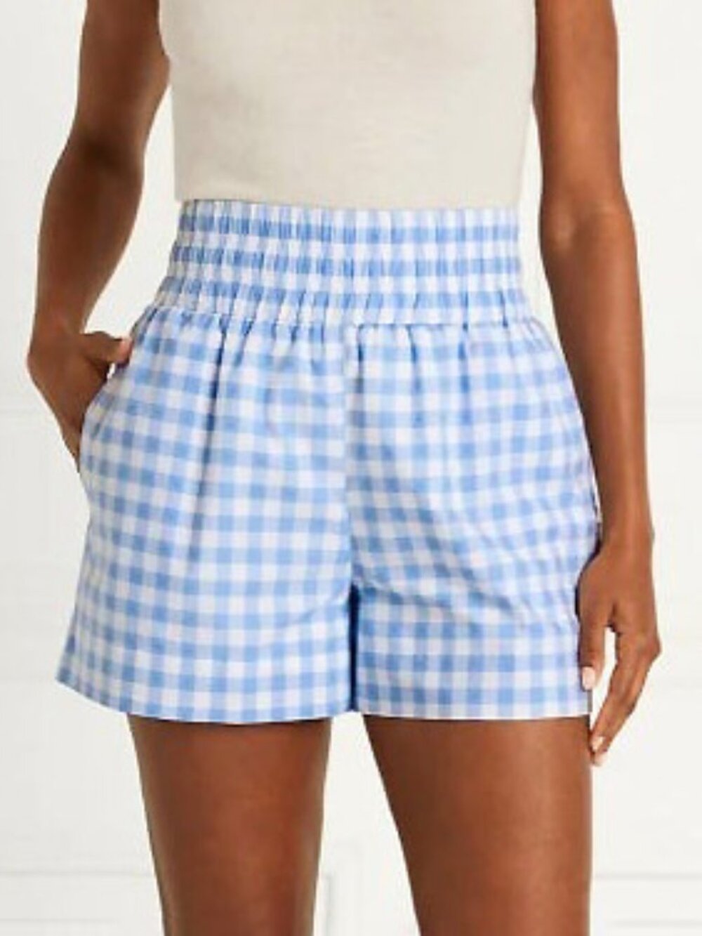 New Hill House Livie 100% Cotton Gingham Nap Shorts Blue Medium